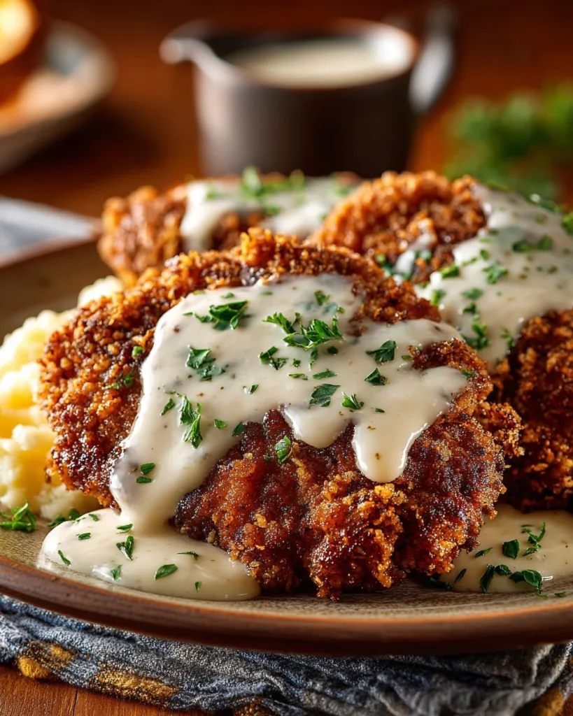 Country fried steak made in an air fryer topped with gravy and served as a hearty dinner