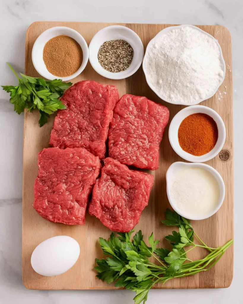 Raw cubed steaks with flour, spices, egg, and parsley laid out on a wooden board