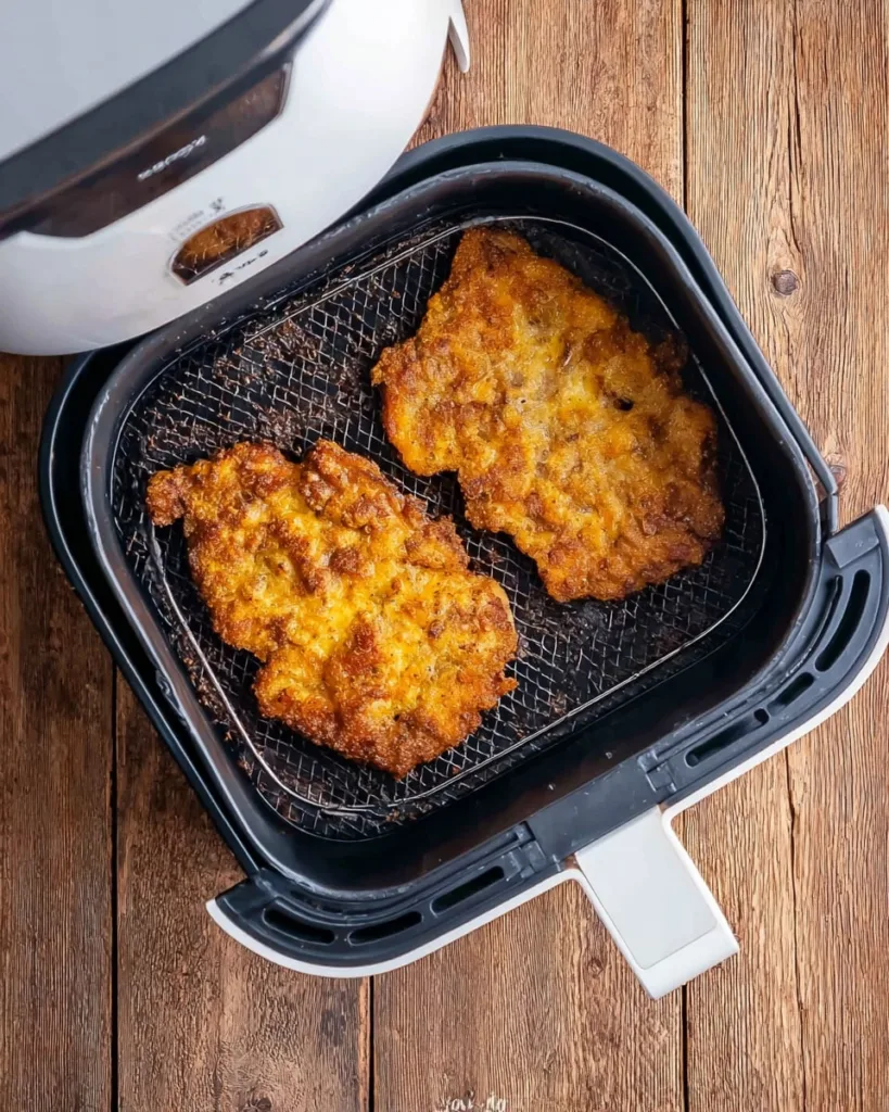 Breaded steaks cooking in an air fryer basket on a wooden surface