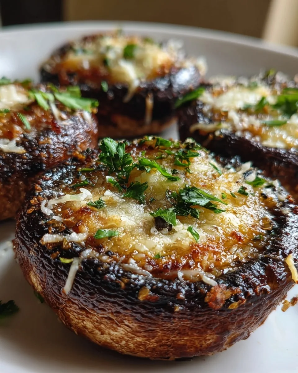 Air-fried Portobello mushrooms served on a white plate with herbs