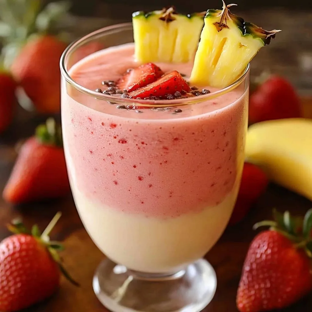Layered strawberry pineapple breakfast smoothie in a glass