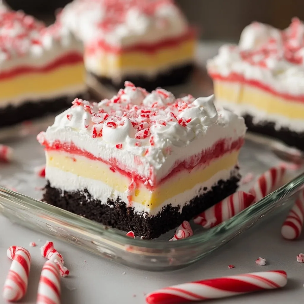 Peppermint layered dessert bars with chocolate cookie crust