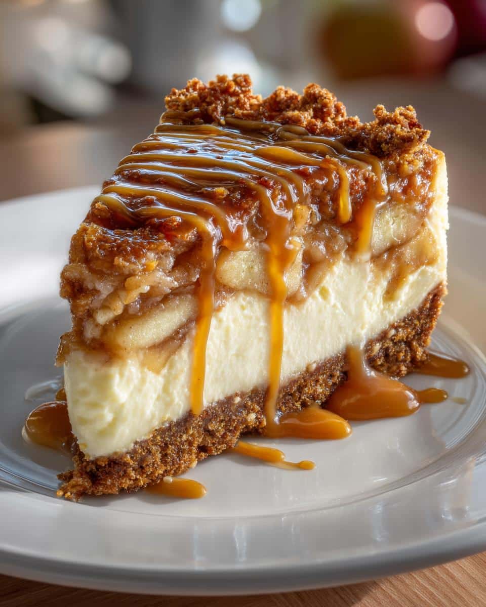 Layering apple and crumble topping on cheesecake