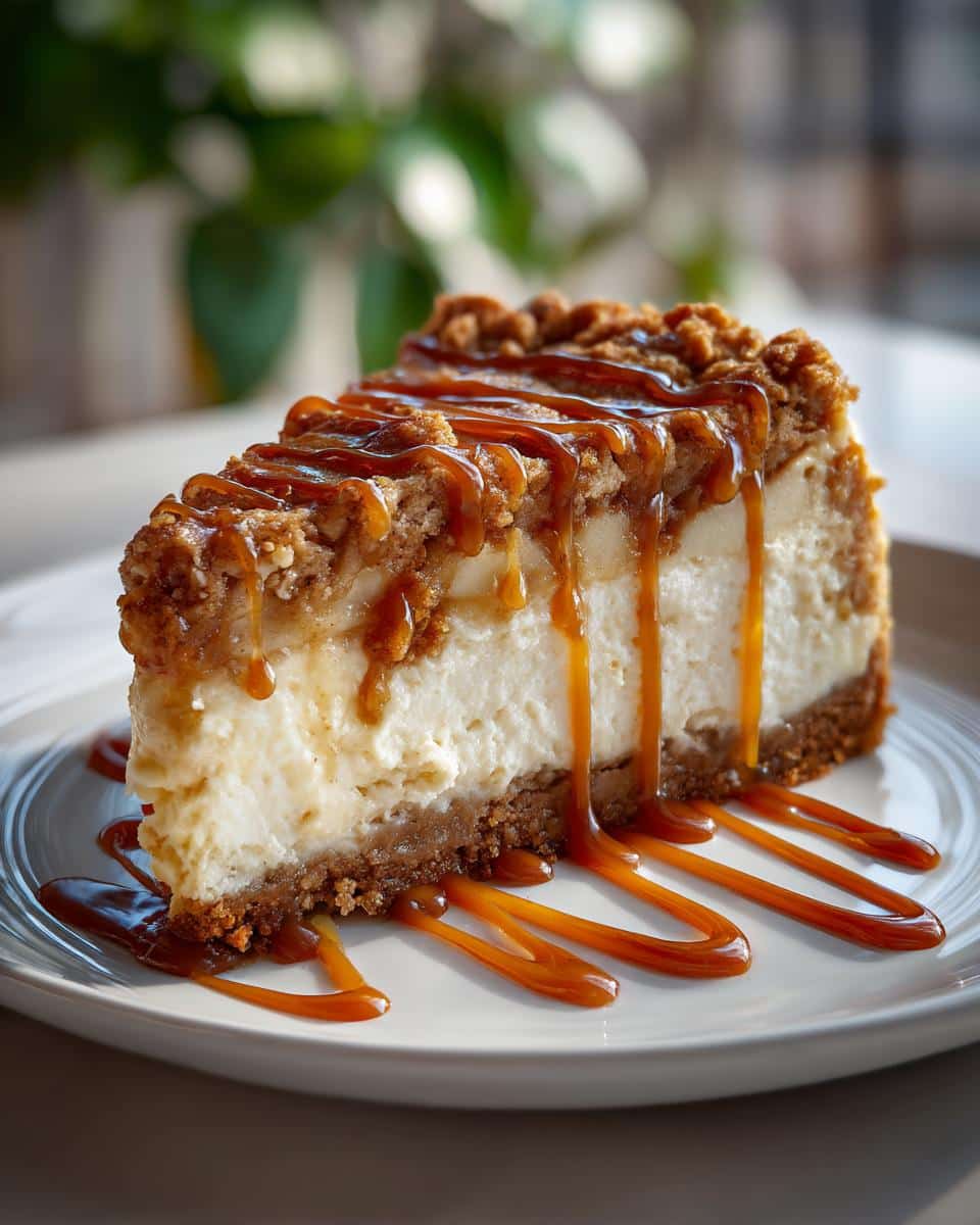 Slice of caramel apple crisp cheesecake on plate