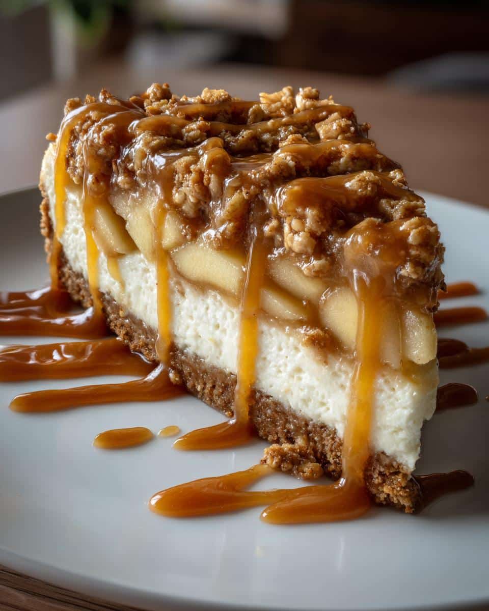 A perfect slice of layered caramel apple crisp cheesecake