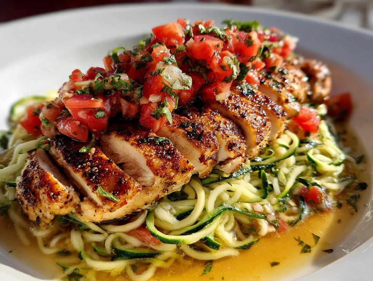 Juicy Bruschetta Chicken with Zucchini Noodles in 30 Minutes