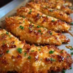 Golden crispy buttered ranch chicken strips on parchment paper