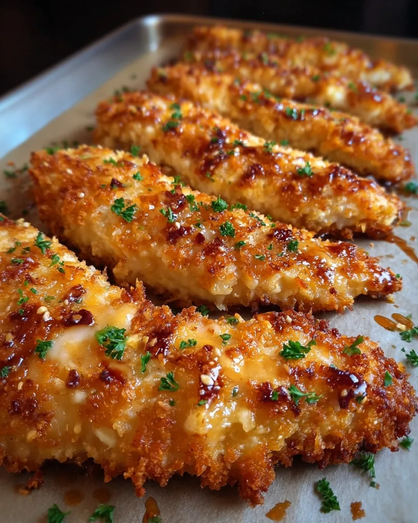 Golden crispy buttered ranch chicken strips on parchment paper