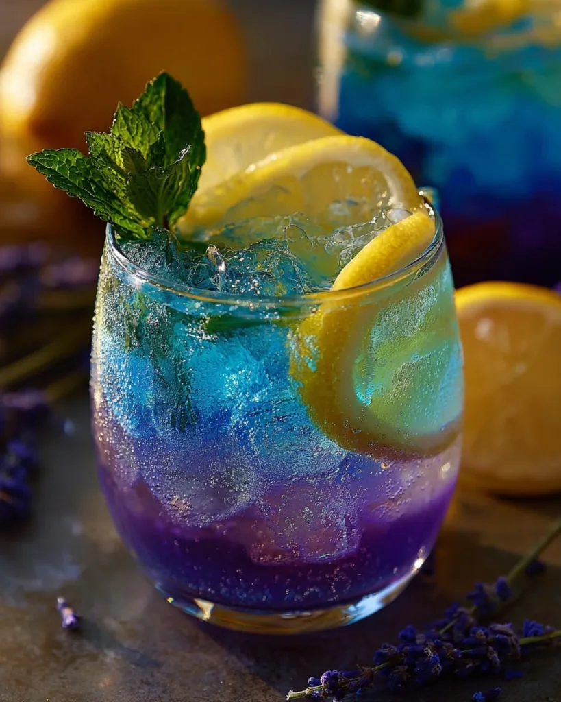 Colorful morning elixir with lemon, mint, and a purple-blue herbal infusion