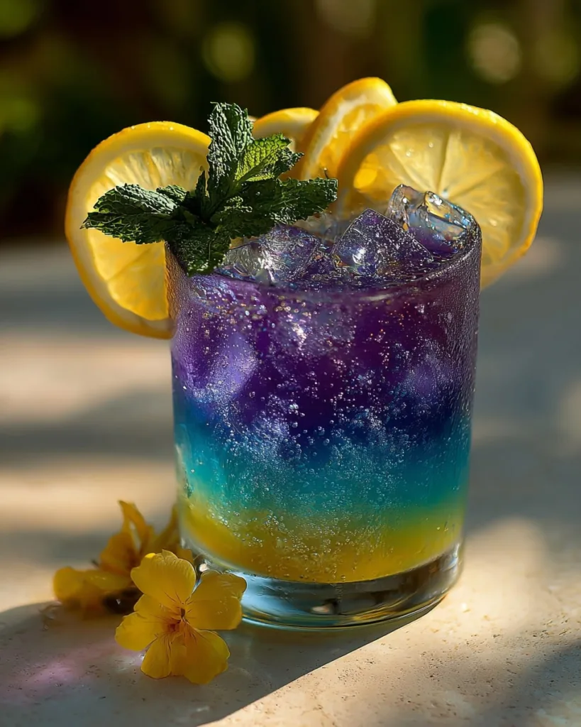 Color-shifting Brazilian Mounjaro mocktail with lemon wheels and fresh mint, served over ice