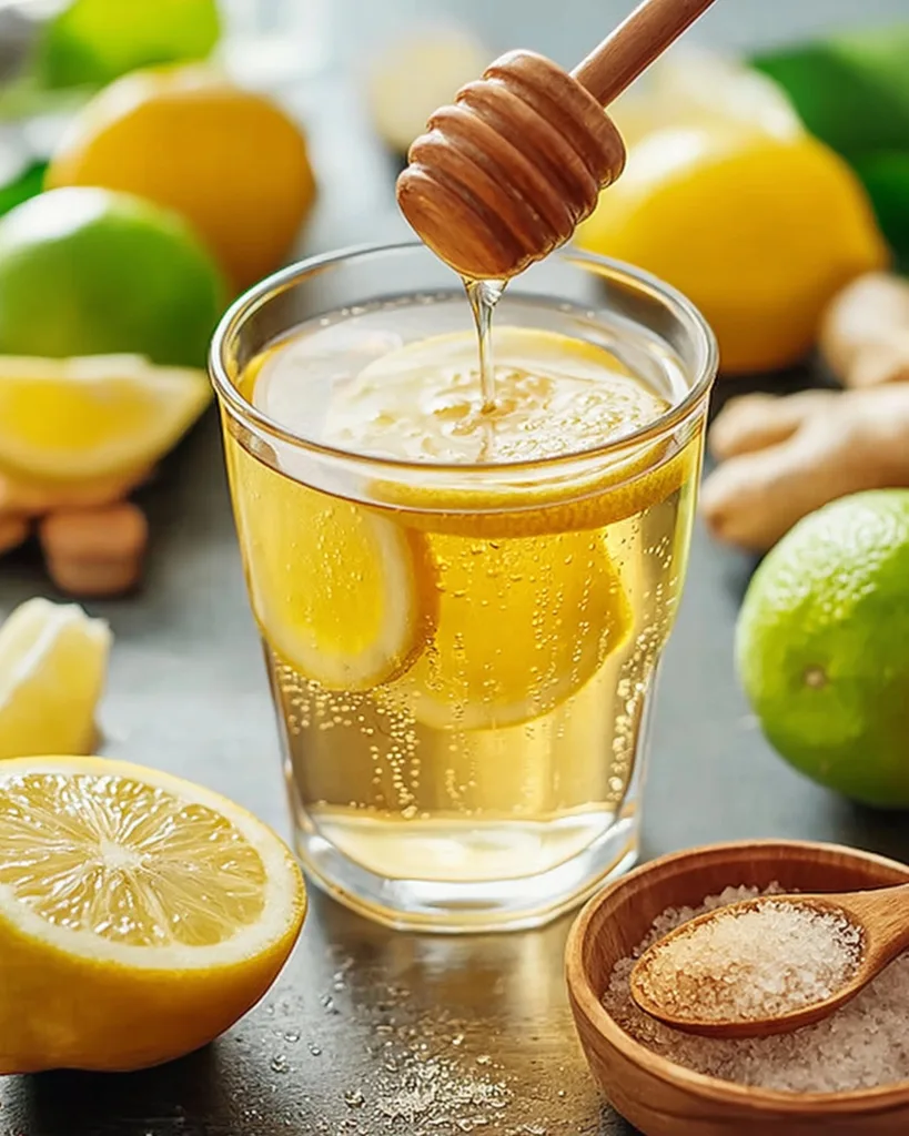 honey being drizzled into a lemon apple cider vinegar drink