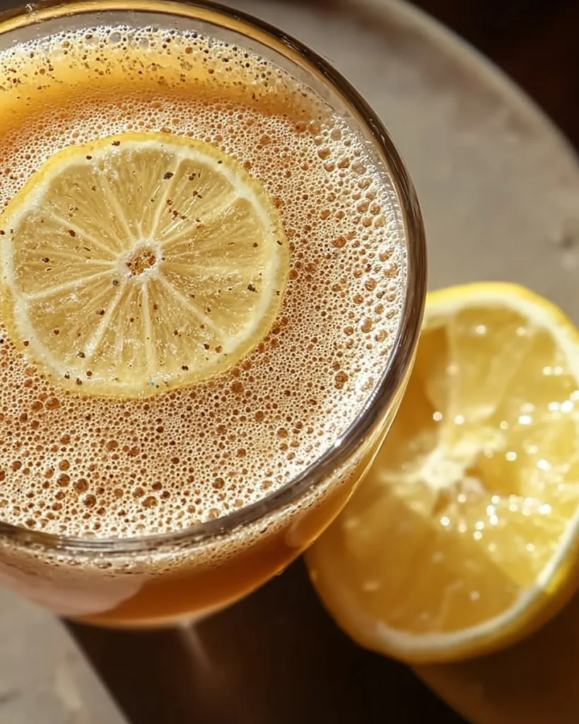 closeup of lemon ginger tonic in a glass with bubbles
