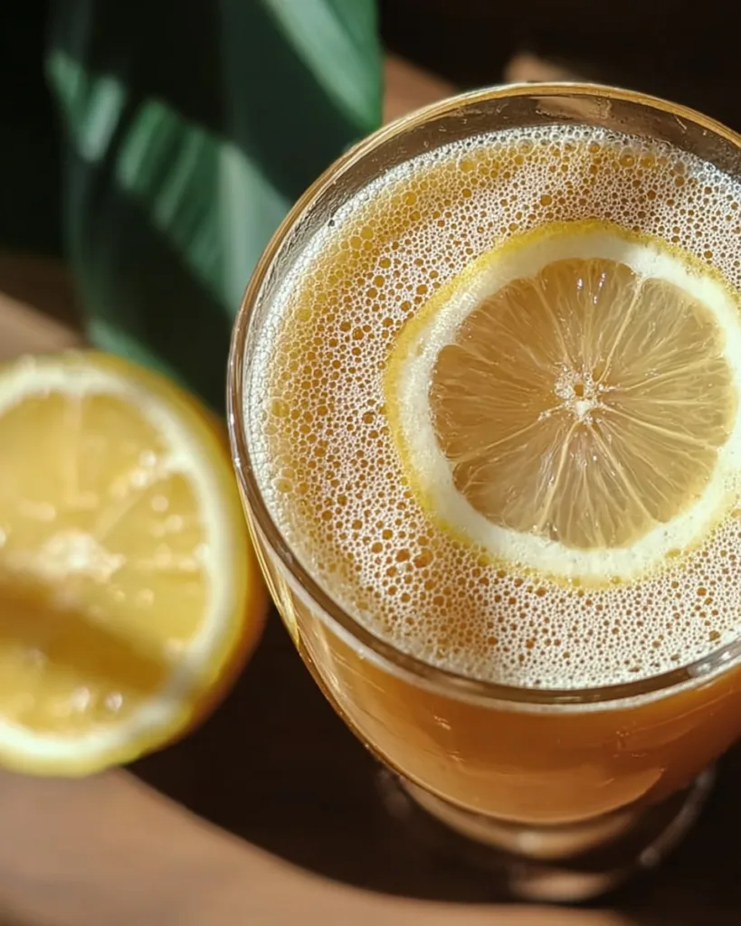 morning wellness drink with lemon slice in a glass