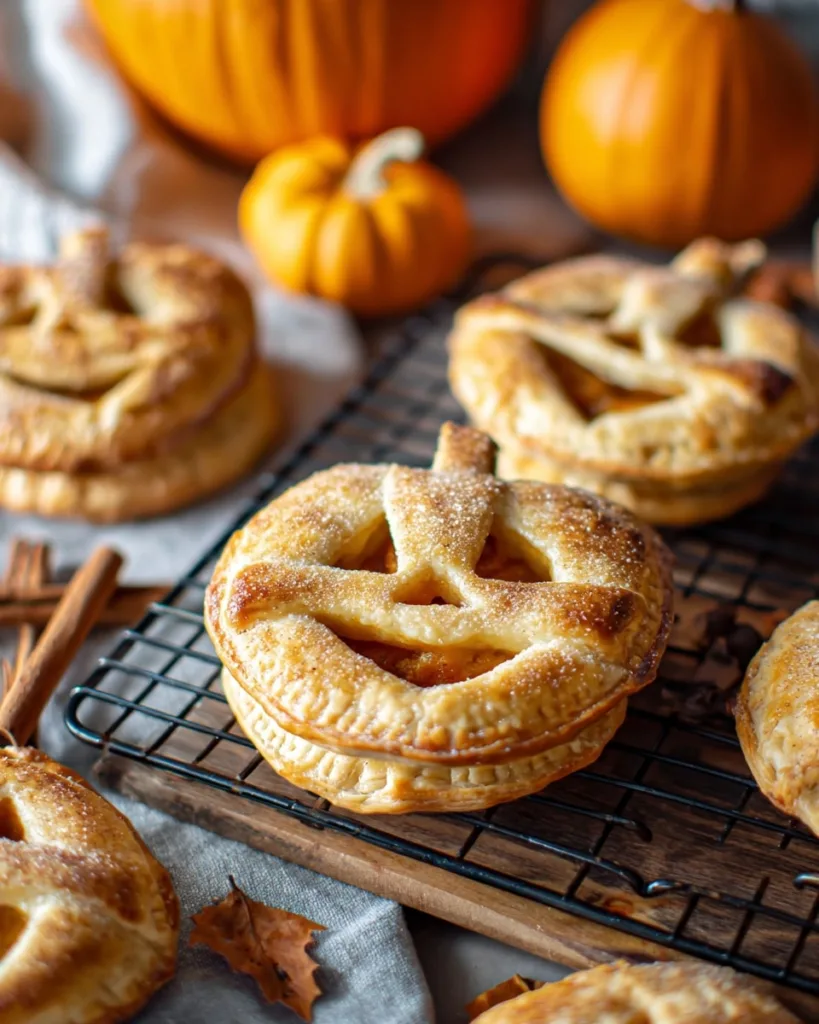 Homemade pumpkin hand pies stacked on wire rack with pumpkins