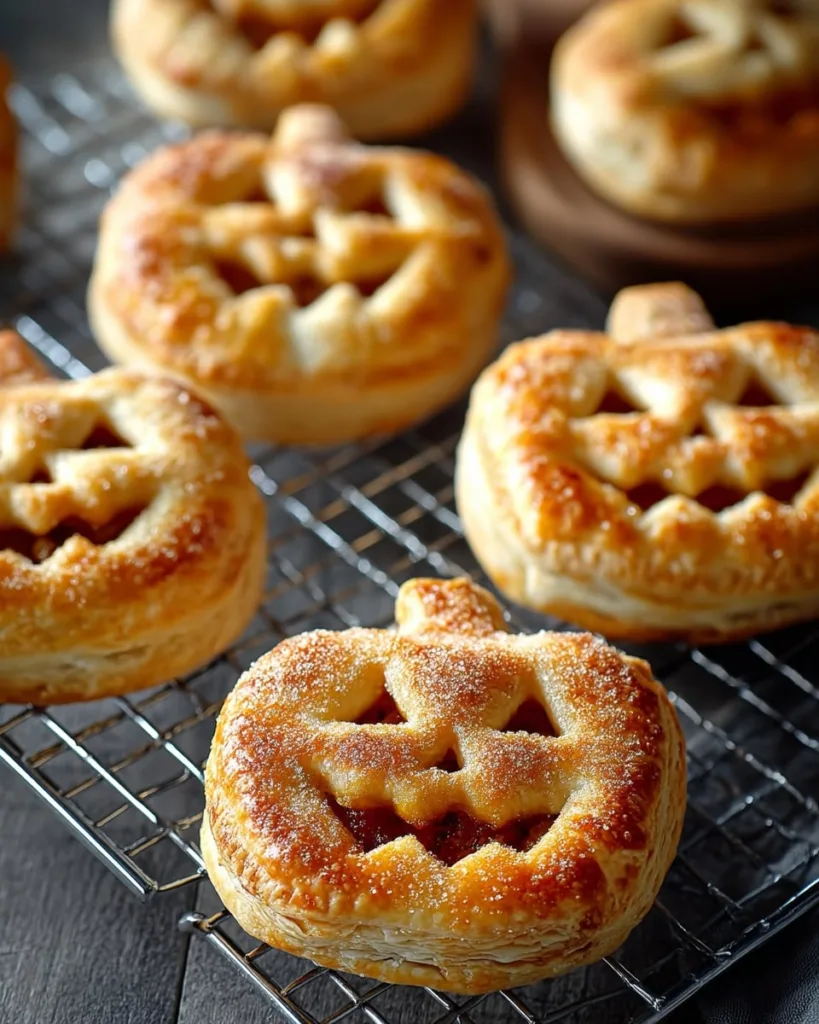 Jack-o-lantern pumpkin hand pies cooling on baking rack