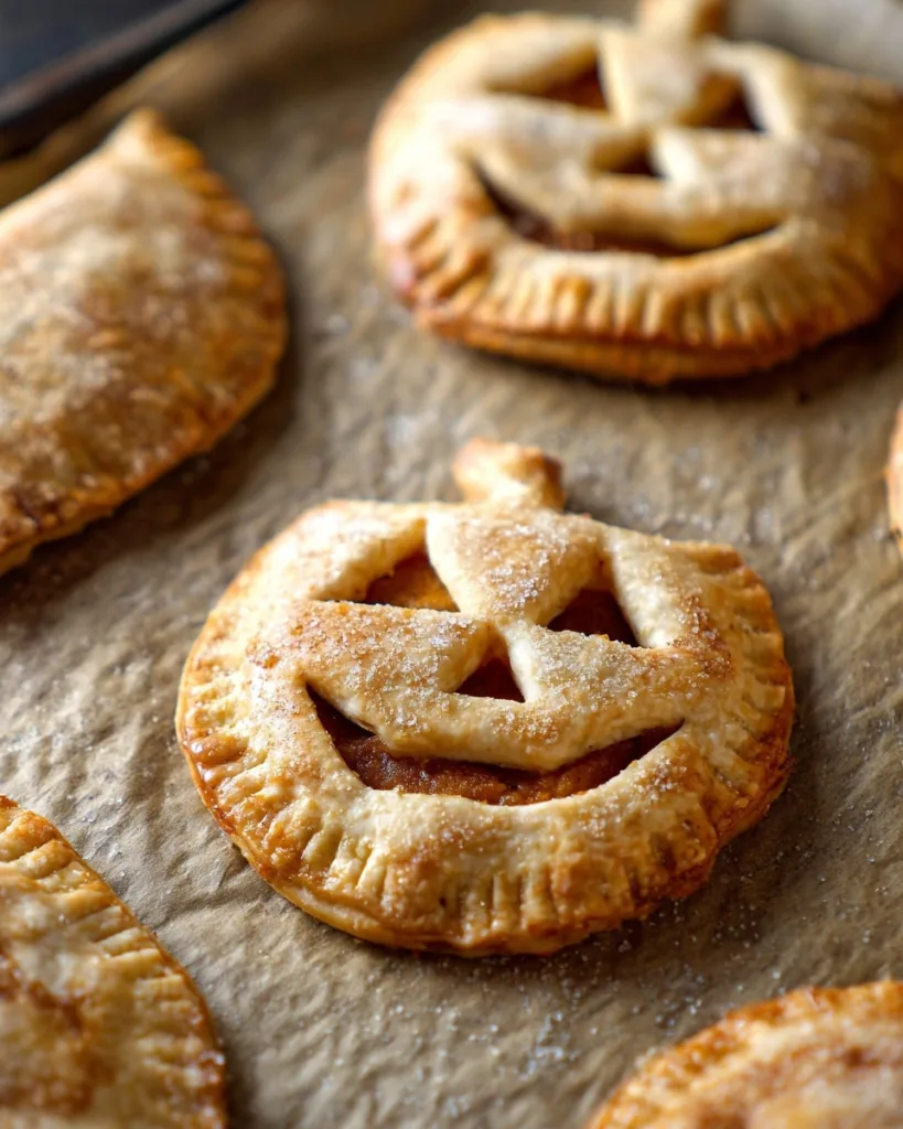 Golden pumpkin hand pies baked with Halloween jack-o-lantern design