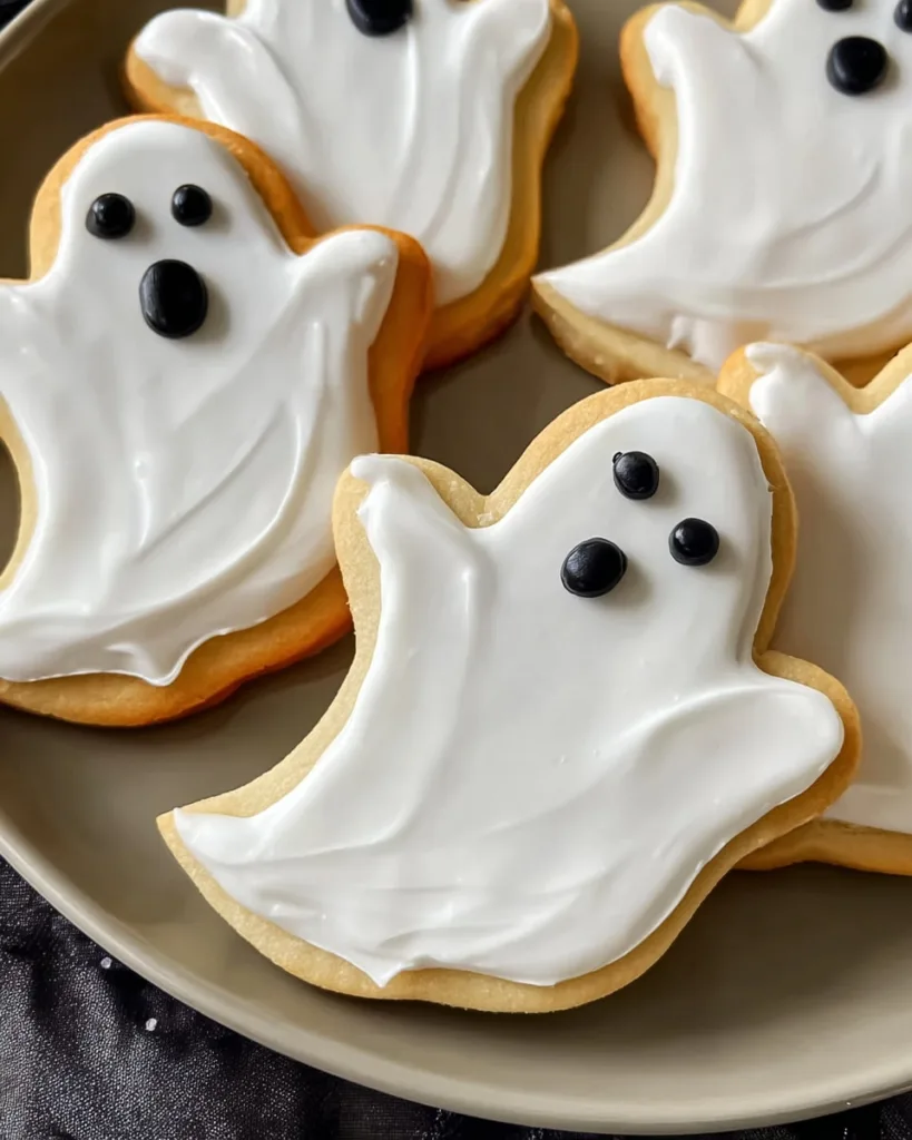 close up of ghost sugar cookies decorated with icing and black details