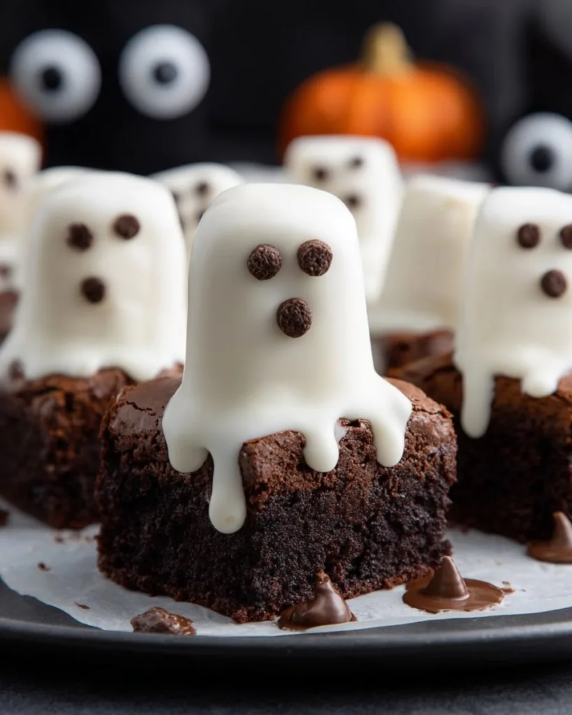 Close up of ghost marshmallow brownie with white chocolate coating