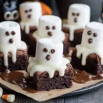 Ghost marshmallow brownies with chocolate drizzle and Halloween decor