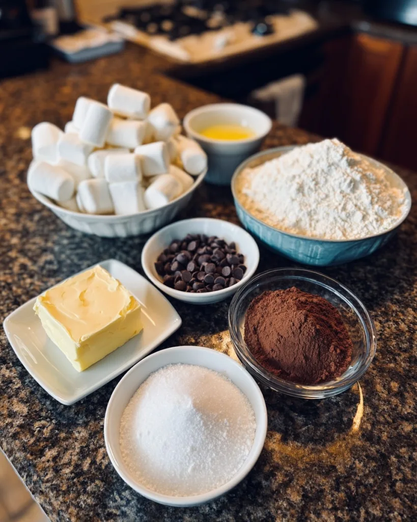 Ingredients for ghost marshmallow brownies on a counter