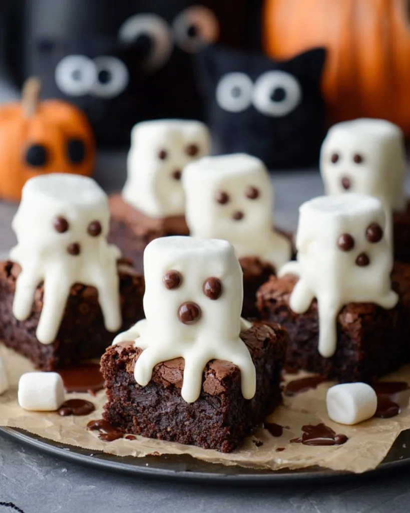 Ghost marshmallow brownies cooling on parchment paper
