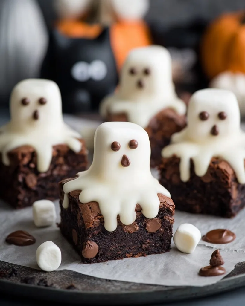 Gooey chocolate brownies topped with marshmallow ghosts