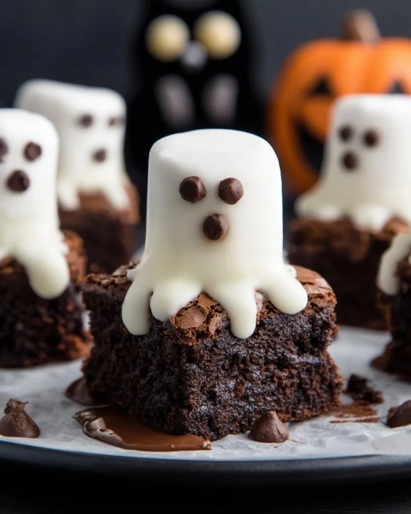 Halloween ghost brownies with marshmallow ghosts on top