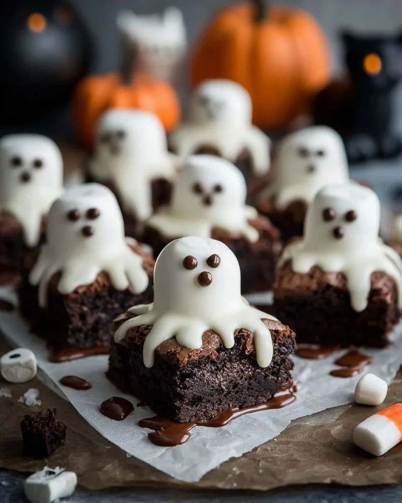 Plate of ghost marshmallow brownies with pumpkins and cats in background