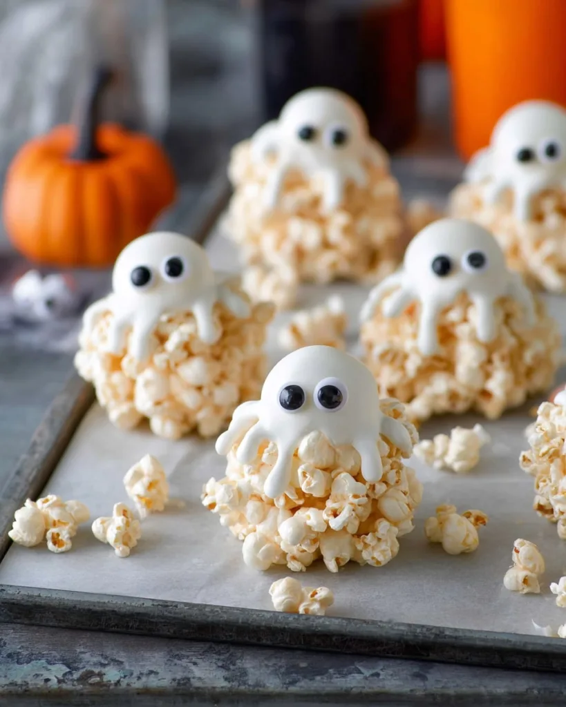 Ghostly popcorn balls recipe with candy eyes on a tray for Halloween