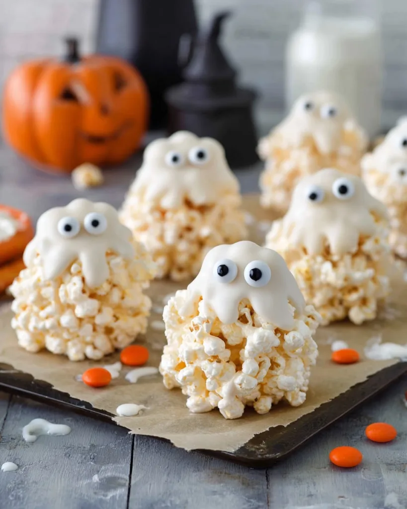 Tray of ghostly popcorn balls decorated with candy eyes for Halloween party