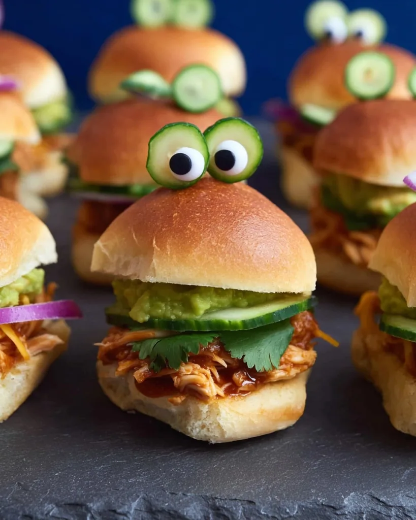 Close-up of Halloween Monster Chicken Slider topped with cucumber and olive monster eyes
