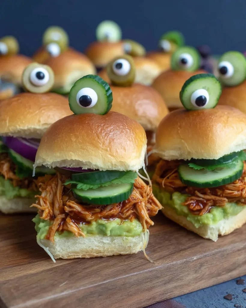 Halloween sliders with BBQ chicken, guacamole, and cucumber olive monster eyes