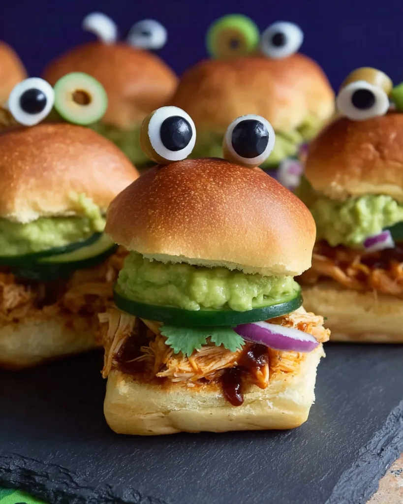 Final serving of Halloween Monster Chicken Sliders with spooky monster eyes