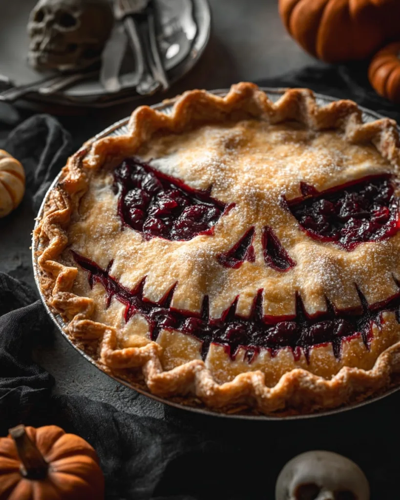 Halloween pie with spooky skull face design