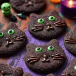 Hocus Pocus Binx cookies decorated like black cats with green candy eyes