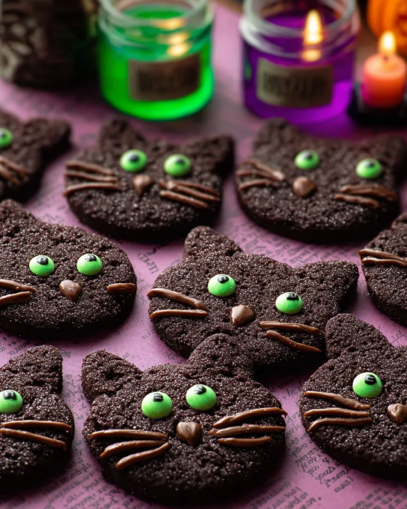 Tray of Hocus Pocus Binx cookies with glowing green eyes