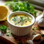 Homemade lemon butter sauce in a white ramekin with garlic and fresh parsley