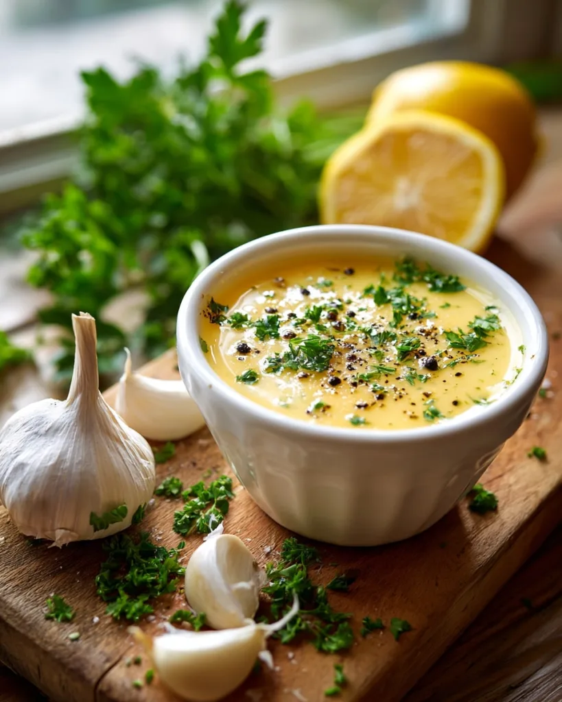 Homemade lemon butter sauce recipe served with garlic and lemon slices