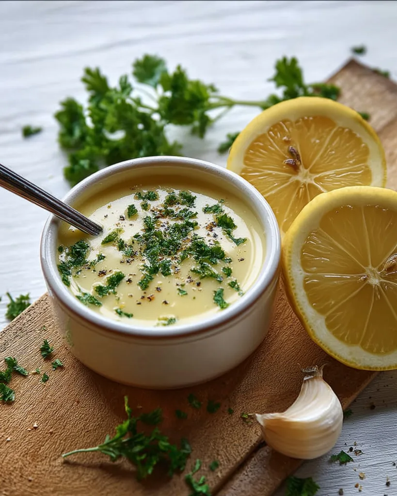 Homemade lemon butter sauce with parsley and garlic on wooden board