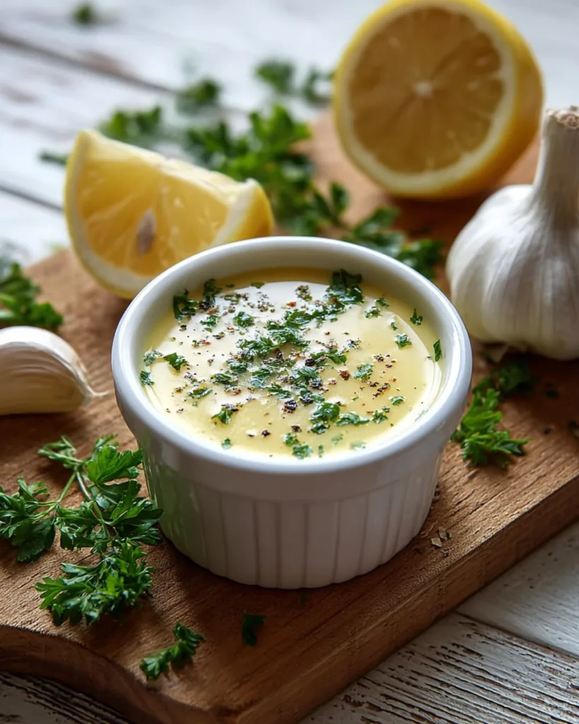 Easy homemade lemon butter sauce with lemon slices and garlic cloves