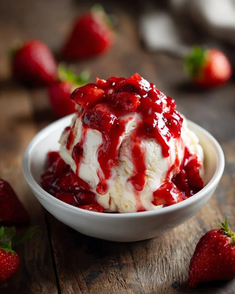 Vanilla ice cream with strawberry sauce topping