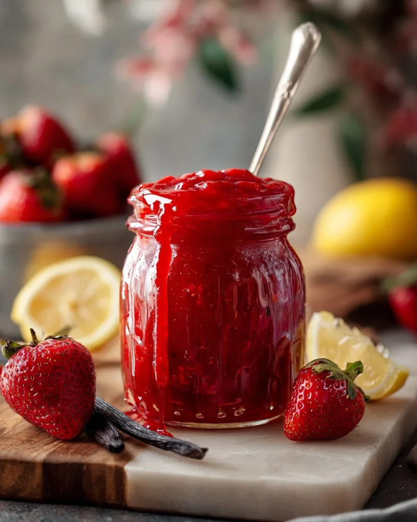 Jar of homemade strawberry sauce with lemon and vanilla