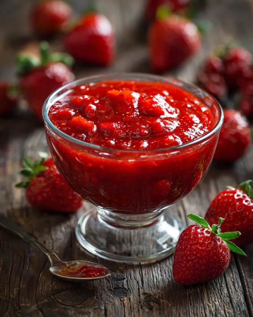Fresh strawberry sauce in a glass dish