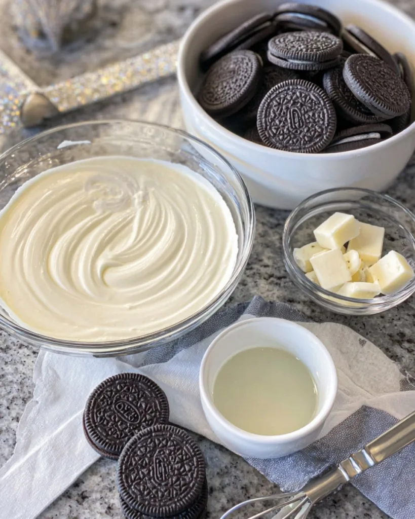 Ingredients for Jack Skellington Oreo pops with Oreos and melted white chocolate