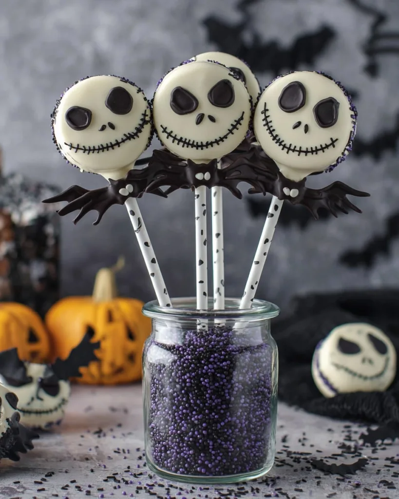 Jack Skellington Oreo pops decorated with spooky faces in mason jar