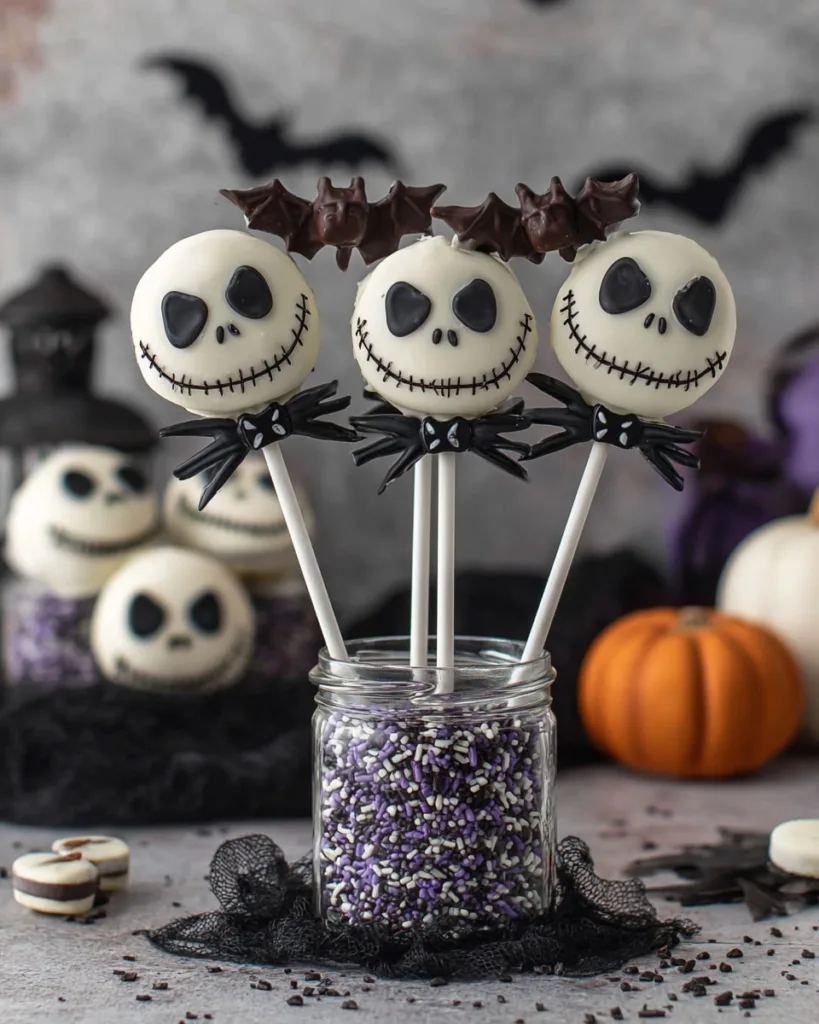 Halloween Oreo pops with Jack Skellington faces and bat toppers