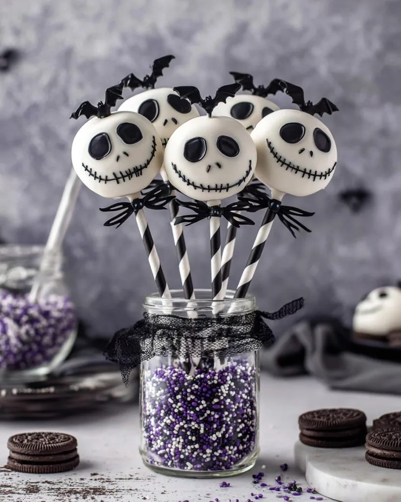 DIY Jack Skellington Oreo pops on sticks with purple sprinkles
