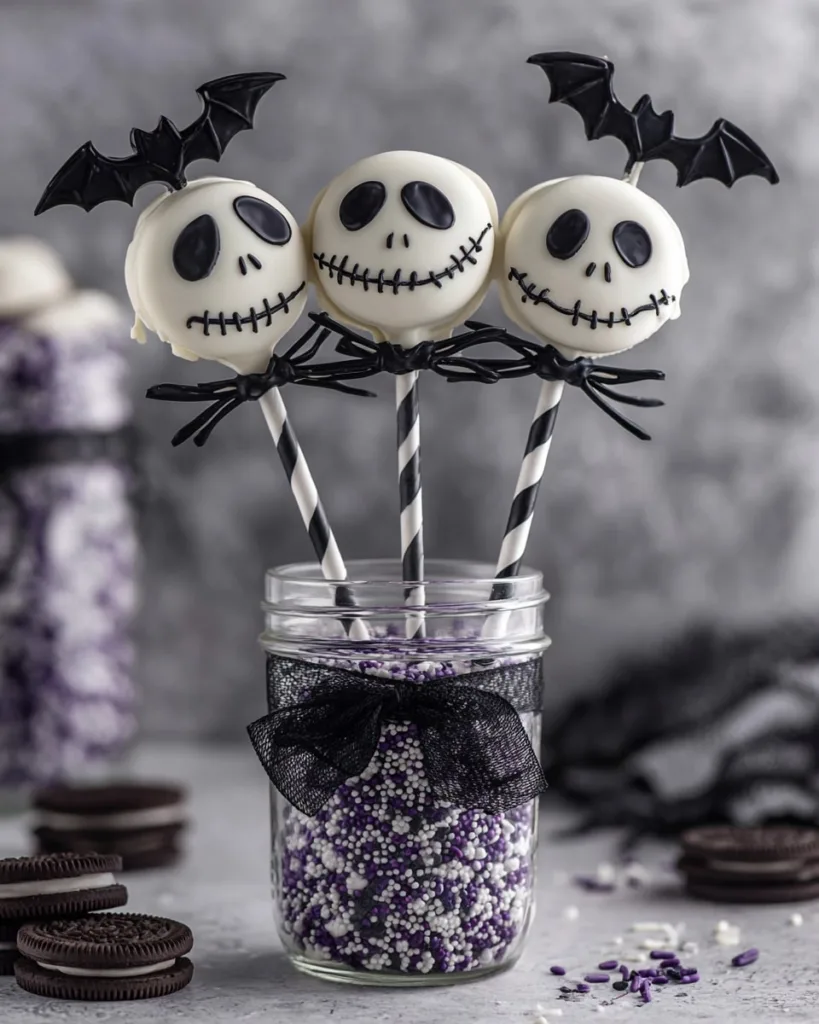 Nightmare Before Christmas Oreo pops with spooky Jack Skellington design