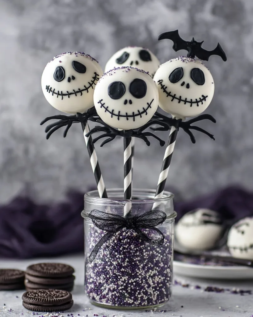 Oreo pops decorated as Jack Skellington with black icing faces