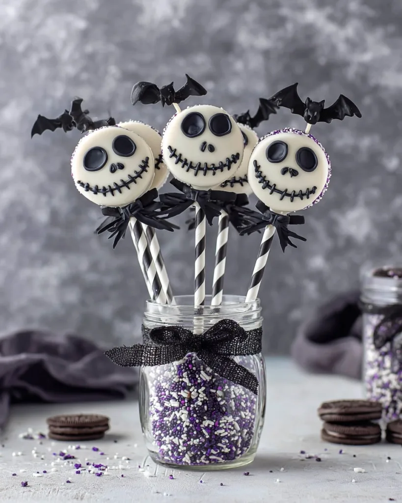 Halloween Oreo pops decorated like Jack Skellington with bat toppers
